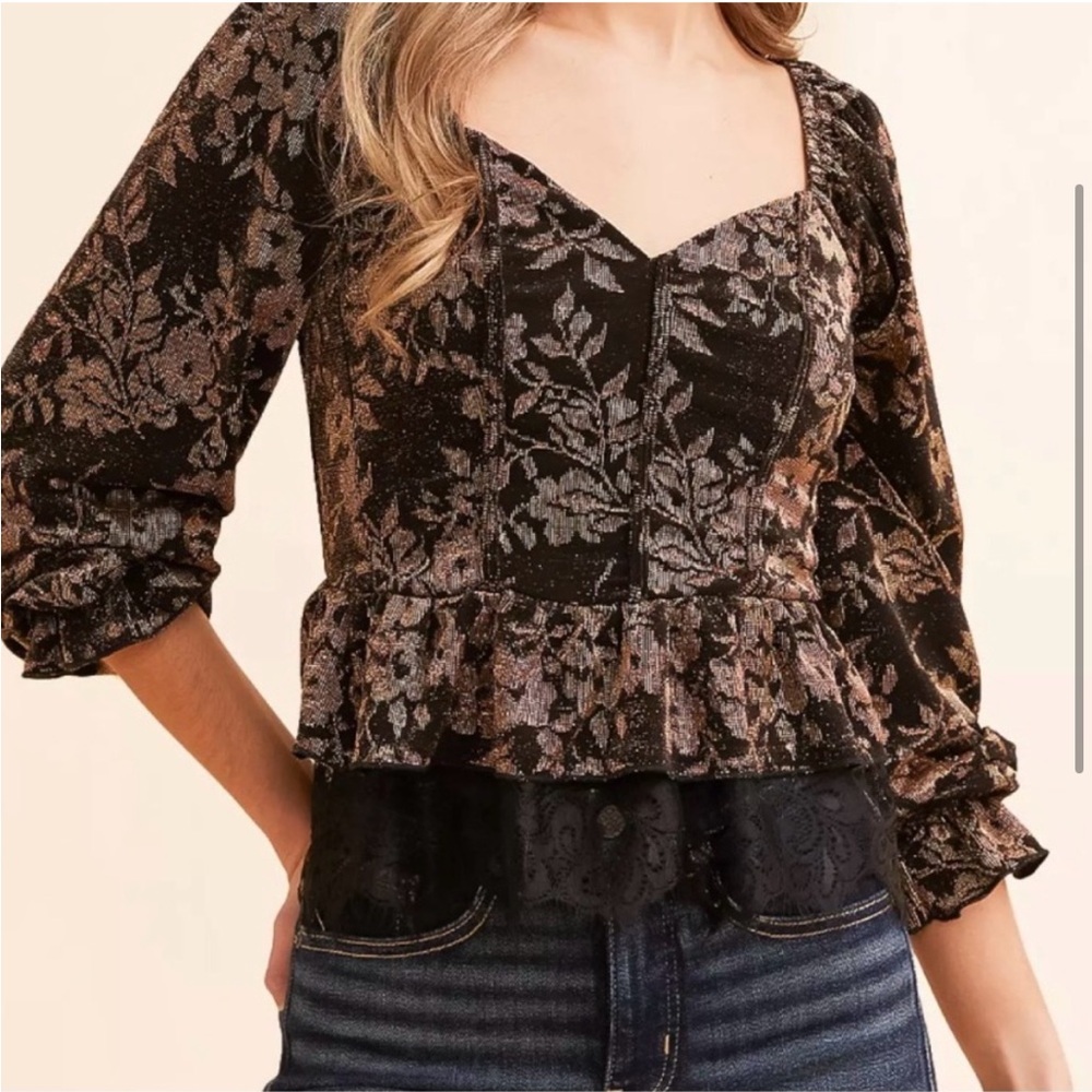 Black Metallic Floral Peplum Blouse